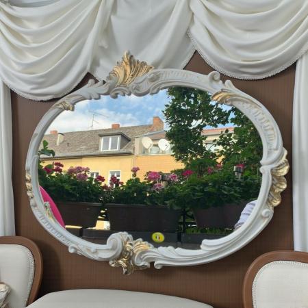 Wandspiegel Barock Oval Antik Stil Elfenbeingold 52x42 Badspiegel Vintage Retro Spiegel Prunk MADE IN ITALY
