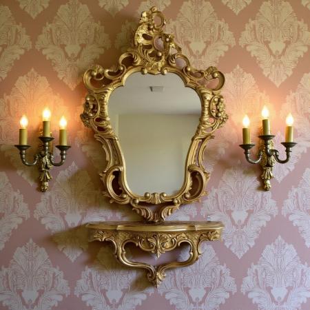 Preview: Barock Wandspiegel mit Konsole – Antik Gold – Italienisches Design aus Polyresin im Rokoko Stil