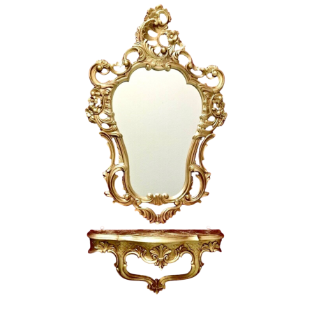 Preview: Barock Wandspiegel mit Konsole – Antik Gold – Italienisches Design aus Polyresin im Rokoko Stil