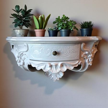 Wandkonsole mit Schublade  Weiß Hochglanz  Dekorative 50x 27cm Barock Konsole Ablage  italienischen Stil  cp84w