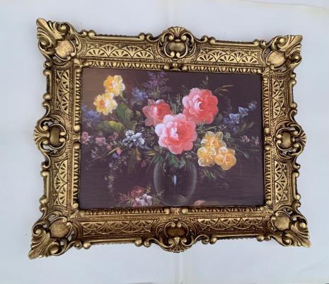 Gerahmte Gemälde Blumen in Vase Schwarz 56x46cm Stillleben Blumen in Barock Rahmen Antik Blumenbild