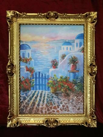 Gerahmte Gemälde 90x70cm Mykonos Insel in Griechenland Paradise Mittelmeer Mittelländisches Meer mediterrane inseln Bild mit Rahmen Gold