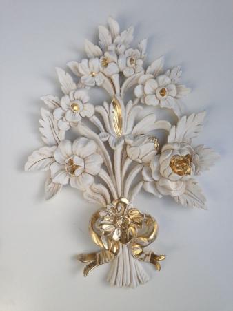 Wanddeko Wandrelief Wandbehang Deko Weiß Gold  Blumen C1530 38x28cm
