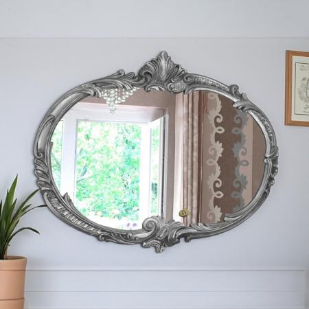 Wandspiegel Barock Oval Antik Silber 52x42 Badspiegel Vintage ovaler Spiegel Prunkspiegel Flurspiegel  C17 A.S