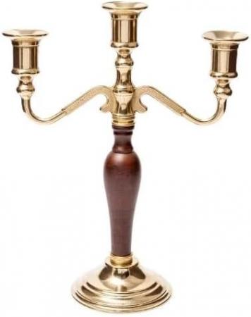 KERZENSTÄNDER MESSING- HOLZ KERZENLEUCHTER 3 ARMIG GOLD 31cm MASSIV MADE IN ITALY