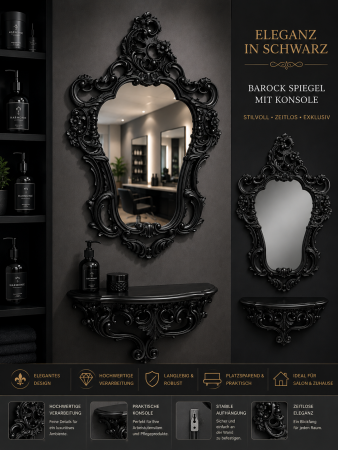 Wandspiegel oval Schwarz mit Konsole in barockstil Luxus Barock-Wandspiegel mit passender Konsole – Schwarz
