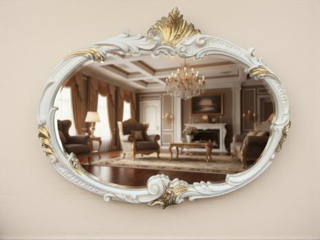 Wandspiegel Barock Oval Antik Stil Elfenbeingold 52x42 Badspiegel Vintage Retro Spiegel Prunk MADE IN ITALY