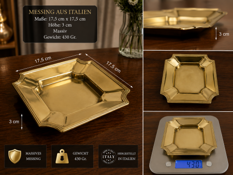 Massiver Messing Aschenbecher Schale 17,5x17,5 cm – Made in Italy – Vintage Stil – 430 Gr.