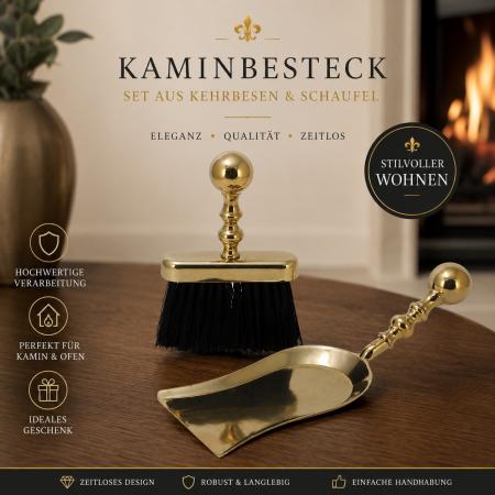 Exklusives Kamin- & Schreibtisch-Kehrset aus massivem Messing | Elegante Schaufel & Bürste im Antik-Stil Kehrset aus poliertem Messing | Luxus Handfeger & Kehrschaufel-Garnitur