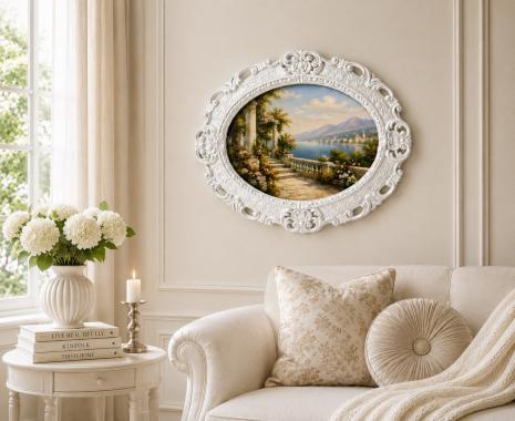 Preview: Barock Bilderrahmen Oval Weiß Silber Gold Schwarz Barock 45x38cm Fotorahmen Bilderrahmen mit Glas Spiegelrahmen Italienische Stil