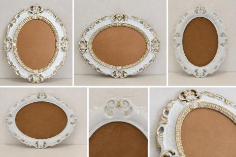 Preview: Barock Bilderrahmen Oval Weiß Silber Gold Schwarz Barock 45x38cm Fotorahmen Bilderrahmen mit Glas Spiegelrahmen Italienische Stil