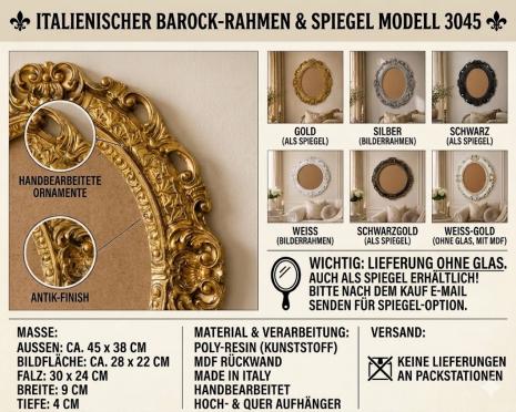 Preview: Barock Bilderrahmen Gold Oval  Barock Fotorahmen mit Glas Rokoko 45X37 Spiegelrahmen Antik Falzmaß30cmx24 cm