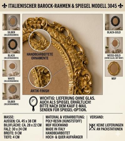 Preview: Barock Bilderrahmen Oval Weiß Silber Gold Schwarz Barock 45x38cm Fotorahmen Bilderrahmen mit Glas Spiegelrahmen Italienische Stil