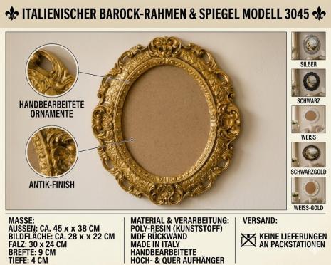 Barock Bilderrahmen Gold Oval  Barock Fotorahmen mit Glas Rokoko 45X37 Spiegelrahmen Antik Falzmaß30cmx24 cm