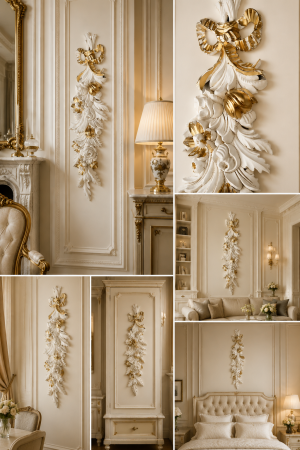 Preview: Wanddeko Barock , Wandrelief 60cmx18cm Wandbehang, Weiss-Gold Deko  Türbogen Italienische Stuckdekoration Florales Wandrelief