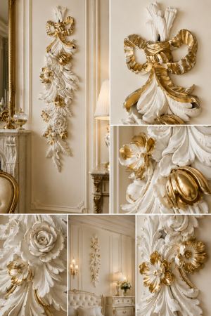 Preview: Wanddeko Barock , Wandrelief 60cmx18cm Wandbehang, Weiss-Gold Deko  Türbogen Italienische Stuckdekoration Florales Wandrelief