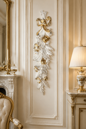 Wanddeko Barock , Wandrelief 60cmx18cm Wandbehang, Weiss-Gold Deko  Türbogen Italienische Stuckdekoration Florales Wandrelief