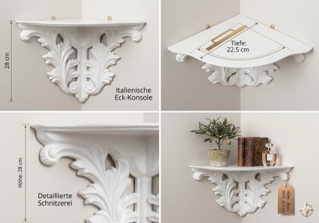 Barock Eckkonsole „Firenze“ in Weiß – Handgefertigte Wandkonsole aus Italien Klassischer Barock- & Rokoko-Stil