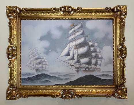 Kunstdruckbild 90x70cm Segelschiffe Gemälde Klassik Seeschlachten Regatten Bild Gerahmte Barockbild