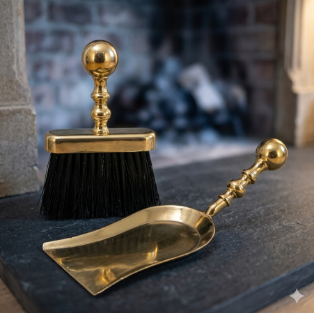Exklusives Kamin- & Schreibtisch-Kehrset aus massivem Messing | Elegante Schaufel & Bürste im Antik-Stil Kehrset aus poliertem Messing | Luxus Handfeger & Kehrschaufel-Garnitur