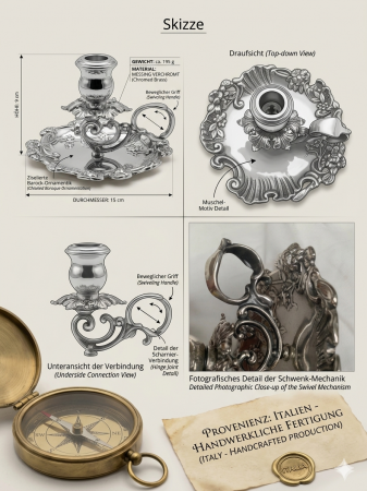 Edler Barock-Kerzenhalter mit Griff | Messing verchromt | Handarbeit Italien Antik-Stil Kammerleuchter