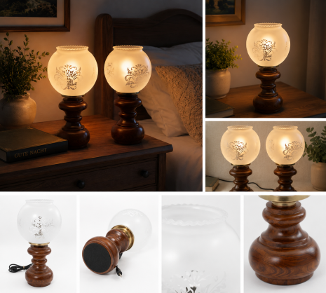 2er Set Vintage Nachttischlampen aus Italien – Kastanienholz & Mattiertes Ornamentglas – Höhe 25 cm