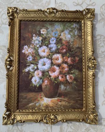 Gerahmte Gemälde Blumen in Brauen Vase Stillleben70x90cm Bunte Rosen in Vase Wandgemälde