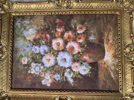 Preview: Gerahmte Gemälde Blumen in Brauen Vase Stillleben70x90cm Bunte Rosen in Vase Wandgemälde