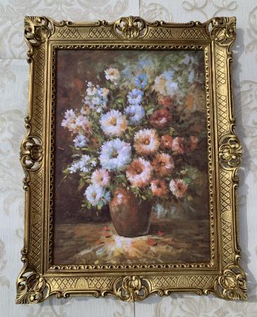 Preview: Gerahmte Gemälde Blumen in Brauen Vase Stillleben70x90cm Bunte Rosen in Vase Wandgemälde