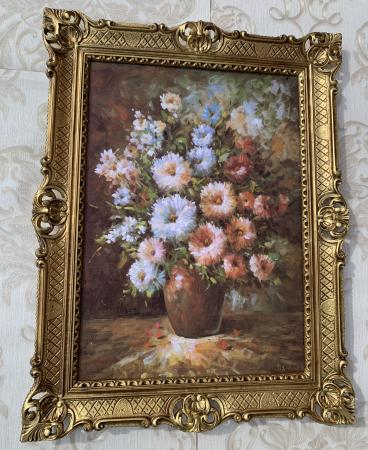 Preview: Gerahmte Gemälde Blumen in Brauen Vase Stillleben70x90cm Bunte Rosen in Vase Wandgemälde