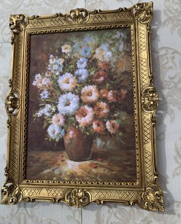 Preview: Gerahmte Gemälde Blumen in Brauen Vase Stillleben70x90cm Bunte Rosen in Vase Wandgemälde