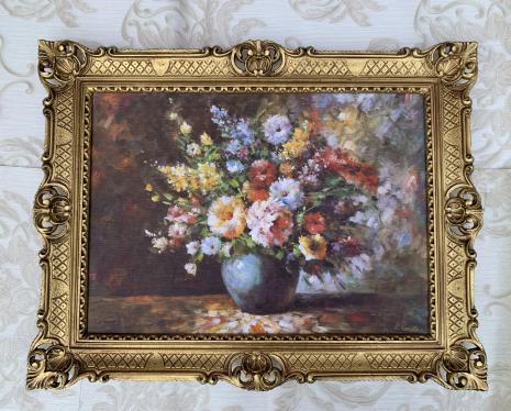 Gerahmte Gemälde BLUMEN in Vase Blau Stilleben 90X70 Bilderrahmen Bild mit Rahmen Rosenbilder Blumenbild