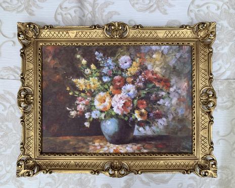 Preview: Gerahmte Gemälde BLUMEN in Vase Blau Stilleben 90X70 Bilderrahmen Bild mit Rahmen Rosenbilder Blumenbild