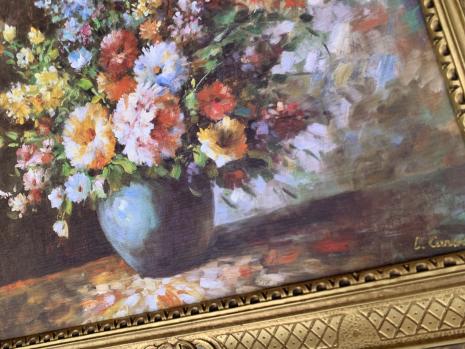 Preview: Gerahmte Gemälde BLUMEN in Vase Blau Stilleben 90X70 Bilderrahmen Bild mit Rahmen Rosenbilder Blumenbild