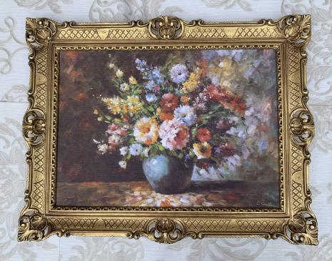 Preview: Gerahmte Gemälde BLUMEN in Vase Blau Stilleben 90X70 Bilderrahmen Bild mit Rahmen Rosenbilder Blumenbild