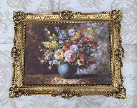 Gerahmte Gemälde BLUMEN in Vase Blau Stilleben 90X70 Bilderrahmen Bild mit Rahmen Rosenbilder Blumenbild