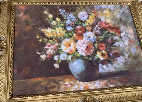 Gerahmte Gemälde BLUMEN in Vase Blau Stilleben 90X70 Bilderrahmen Bild mit Rahmen Rosenbilder Blumenbild