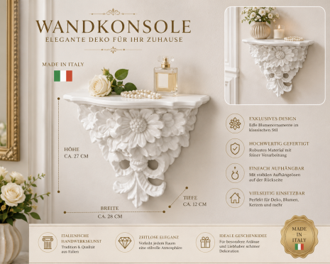 Elegantes Wandkonsolen-Set mit Spiegel – Klassischer Barock-Stil in Weiß – Hochwertiges Spiegelset mit filigranen Blumenornamenten -Made in Italy