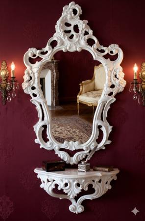 Preview: Elegantes Wandkonsolen-Set mit Spiegel – Klassischer Barock-Stil in Weiß – Hochwertiges Spiegelset
