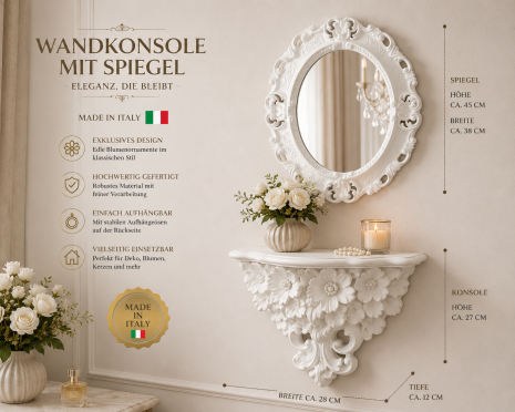 Elegantes Wandkonsolen-Set mit Spiegel – Klassischer Barock-Stil in Weiß – Hochwertiges Spiegelset mit filigranen Blumenornamenten -Made in Italy