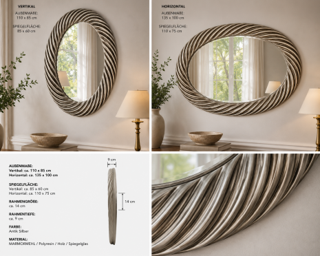 XXL Wandspiegel  Antik Silber 110x85 cm Flurspiegel Schminkspiegel -Großer Ovaler Wandspiegel Antik  – Barock Design – Made in Italy