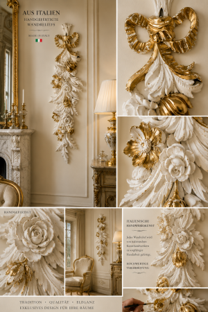 Preview: Wanddeko Barock , Wandrelief 60cmx18cm Wandbehang, Weiss-Gold Deko  Türbogen Italienische Stuckdekoration Florales Wandrelief