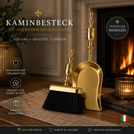 Exklusives Kamin- & Schreibtisch-Kehrset aus massivem Messing | Elegante Schaufel & Bürste im Antik-Stil Kehrset aus poliertem Messing | Luxus Handfeger & Kehrschaufel-Garnitur