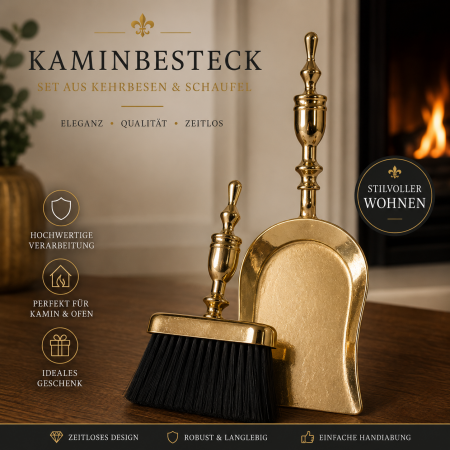 Preview: Exklusives Kamin- & Schreibtisch-Kehrset aus massivem Messing | Elegante Schaufel & Bürste im Antik-Stil Kehrset aus poliertem Messing | Luxus Handfeger & Kehrschaufel-Garnitur