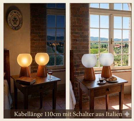 2 x Elegante Vintage Nachttischlampe aus Italien | Kugelglas & Holzsockel (15 cm)