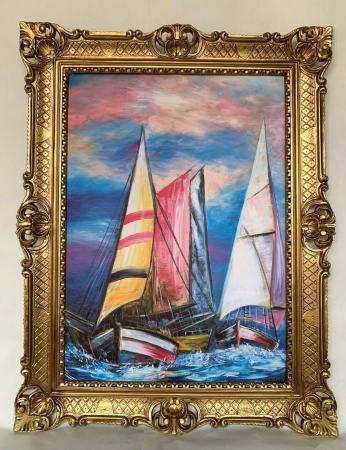 Kunstdruckbild 70x90cm Segelschiffe Gemälde Modern abstrakte Regatten Bild 50x70 Barock Gold Wandbild