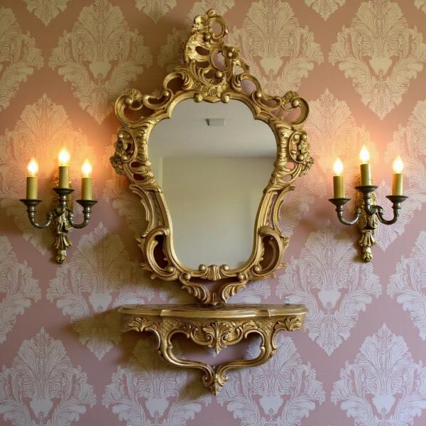 Barock Wandspiegel mit Konsole – Antik Gold – Italienisches Design aus Polyresin im Rokoko Stil