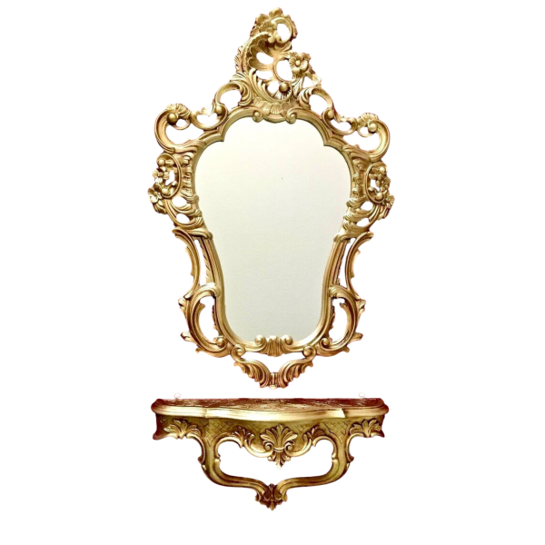 Barock Wandspiegel mit Konsole – Antik Gold – Italienisches Design aus Polyresin im Rokoko Stil