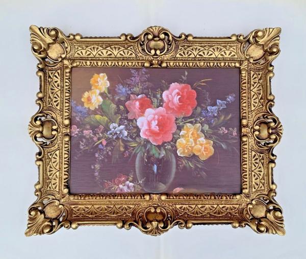 Gerahmte Gemälde Blumen in Vase Schwarz 56x46cm Stillleben Blumen in Barock Rahmen Antik Blumenbild