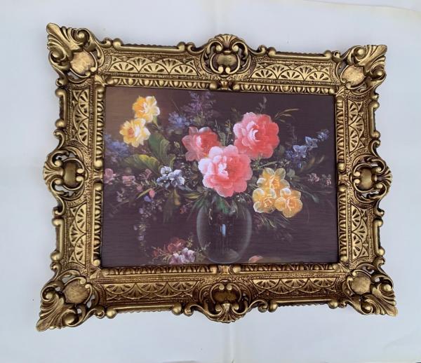 Gerahmte Gemälde Blumen in Vase Schwarz 56x46cm Stillleben Blumen in Barock Rahmen Antik Blumenbild